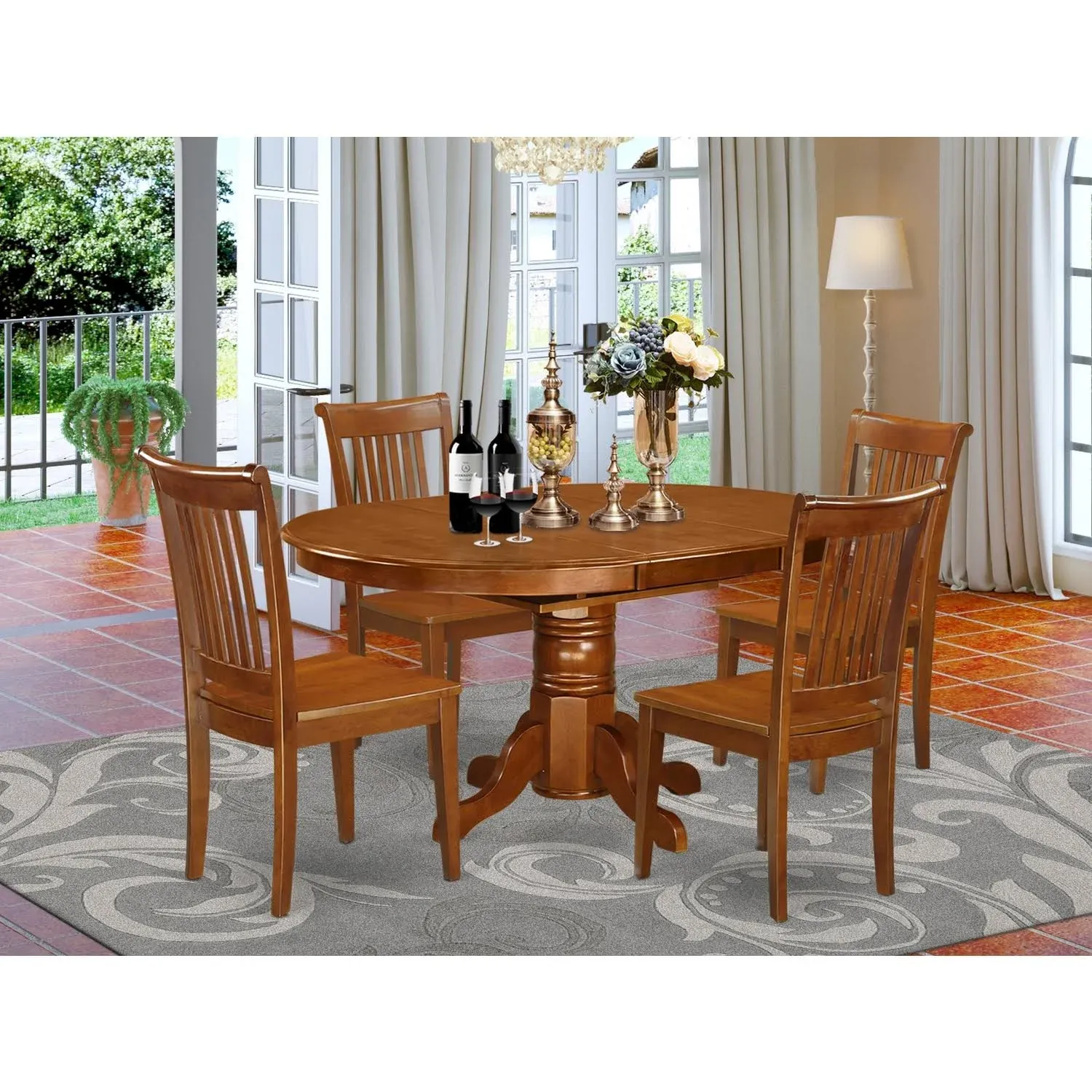 East West Furniture 5 PC Avon with Leaf and 4 Wood Chairs in Saddle Brown