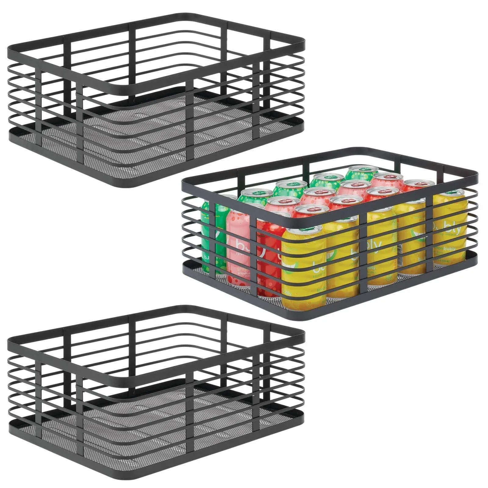 mDesign Large Steel Metal Kitchen Organizer Basket, Handles, 3 Pack - Black