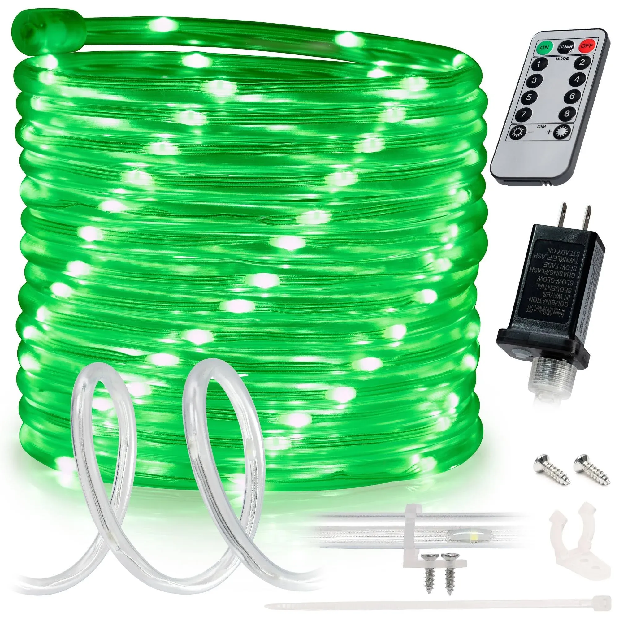 Wyzworks 10ft Green 8-Mode LED Rope Light w/Remote Control, Outdoor Waterproof Accent Lighting, ETL Certified Clear Flexible PVC Tube, Size: 10'