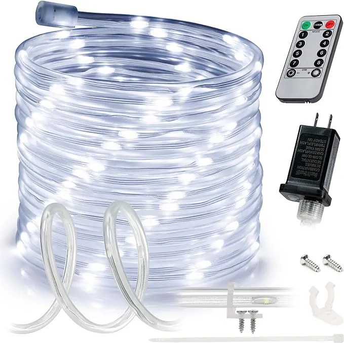 WYZworks 25ft Cool White LED Rope Light, 8 Modes Waterproof Outdoor Accent Lighting w/Remote, Flexible Clear Tube, ETL Certified, Garden, Patio, Backyard, Holiday Christmas Palm Tree Ambient Décor