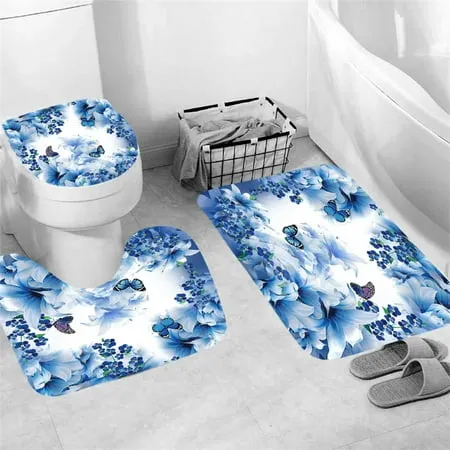 POINTERTECK Bathroom Antiskid Pad Beautiful Butterflies 3 Pieces Bathroom Rugs Set Bath Mat+Contour+Toilet Lid Cover Blue