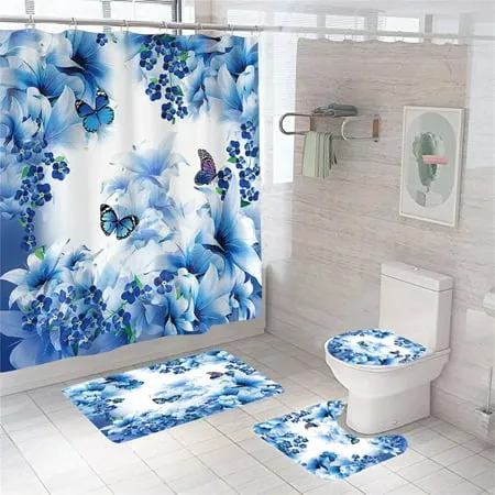 SHELLTON Blue Butterflies 3 Piece Bathroom Rugs Set Bath Rug Contour Mat and Toilet Lid Cover