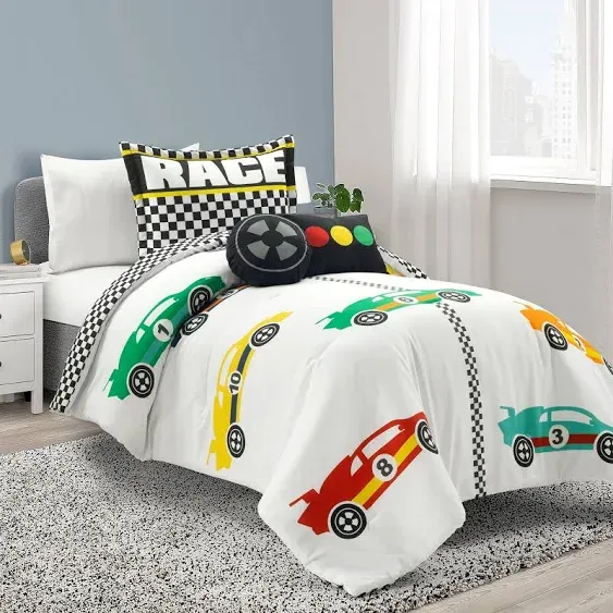 Lush Decor Racing Cars Reversible Oversized 5 Piece Comforter Set, Full/Queen, Gray & Orange