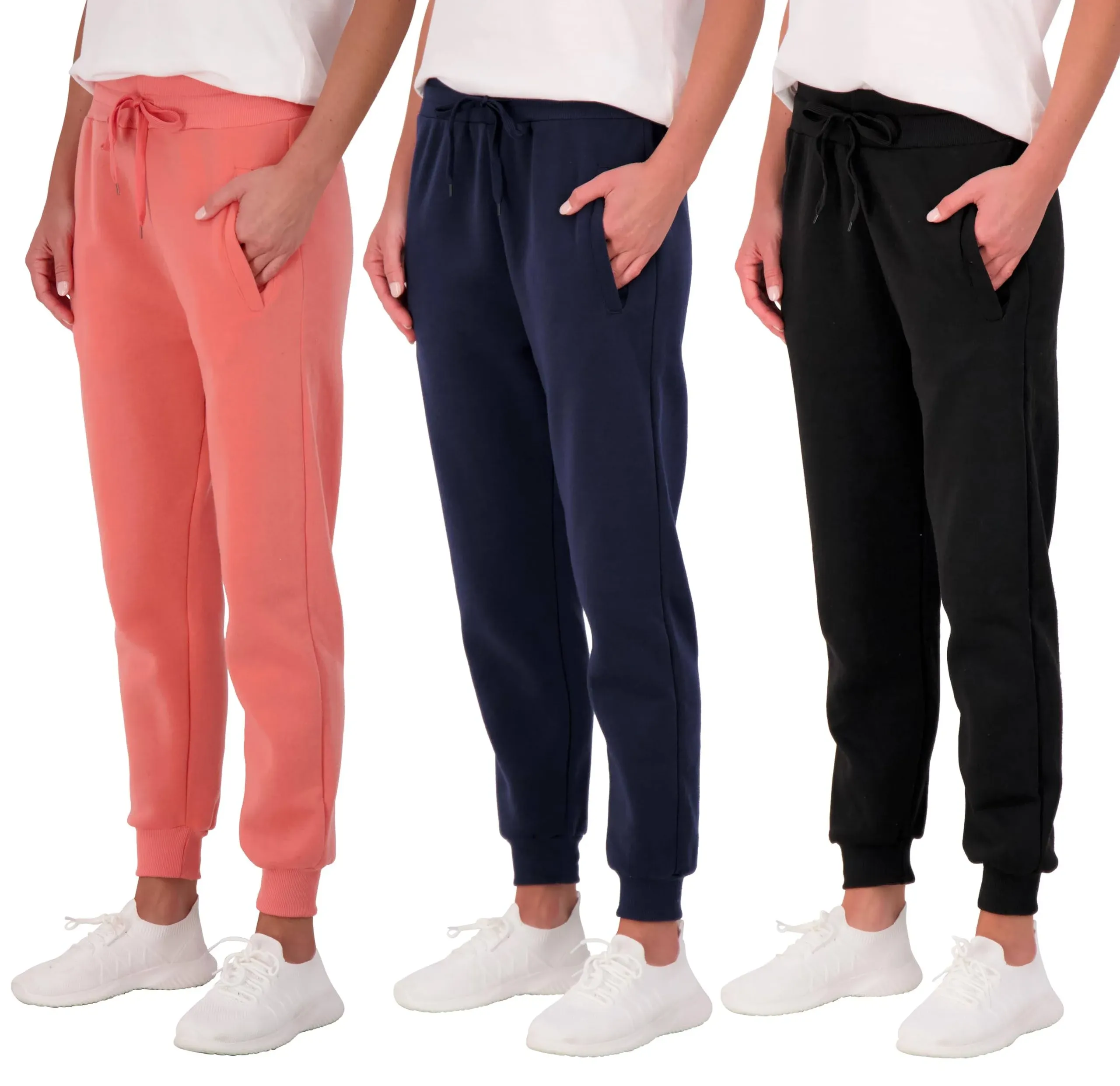 Real Essentials 3 Pack: Women's Ultra-Soft & Warm Fleece Joggers (Available in Plus Size)