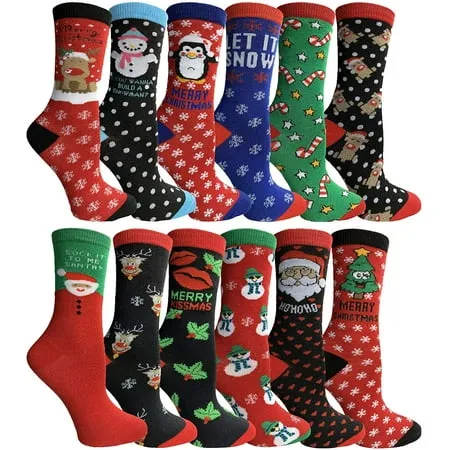 Excell Women's Christmas Printed Holiday Socks (12 Pack)