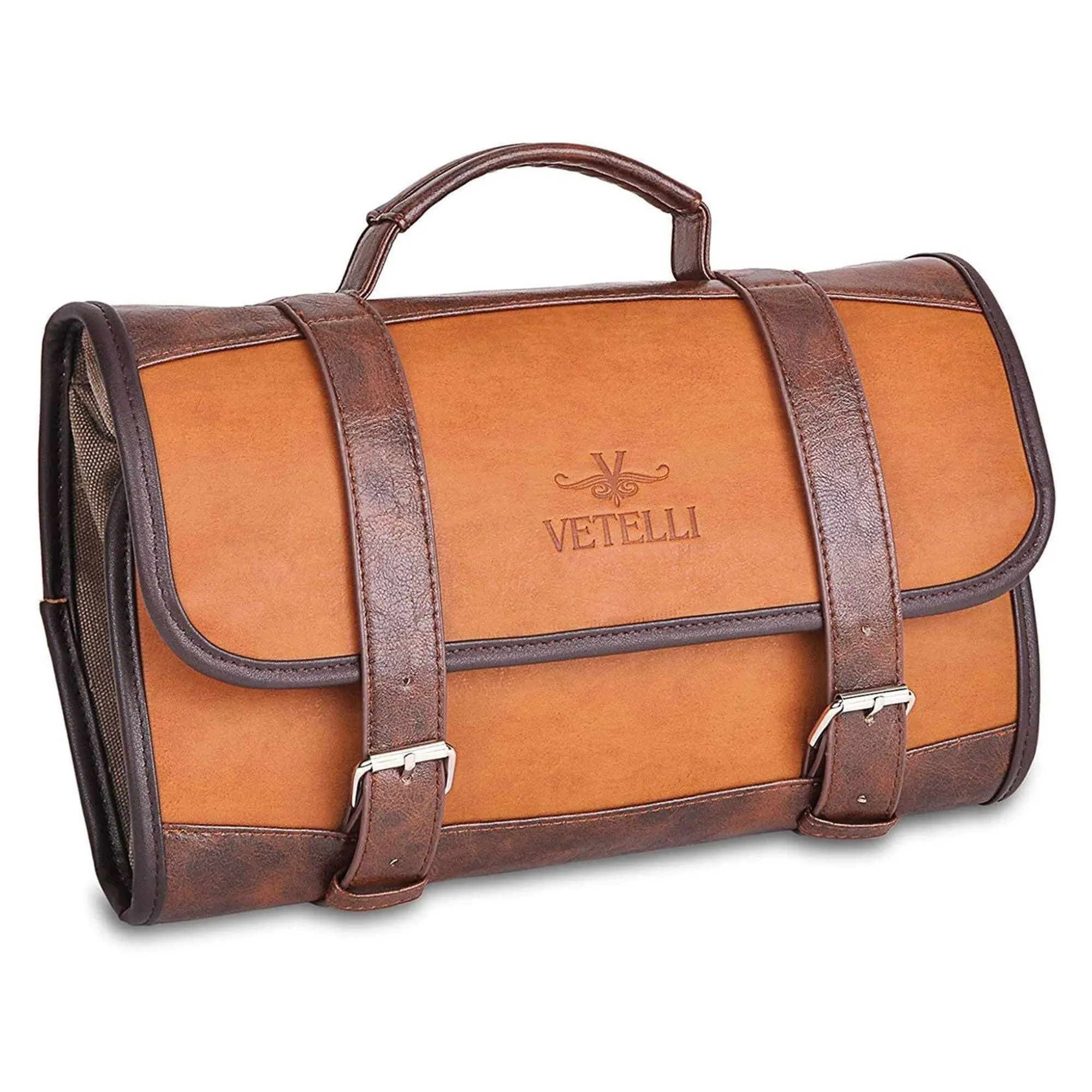 Vetelli Foldable Hanging Leather Travel Toiletry Bag for Men with 4 Pockets