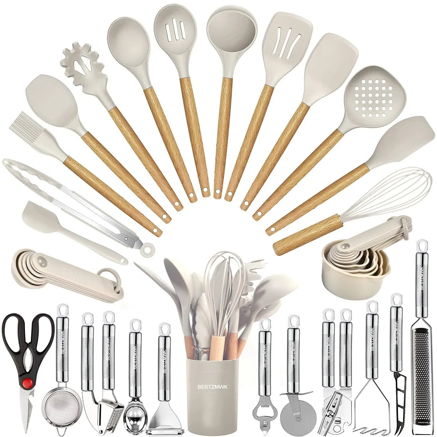 Kitchen Utensils Set 35 PCs Cooking Utensils with Grater Tongs Spoon Spatula &Turner Made of Heat Resistant Food Grade Silicone and Wooden Handles