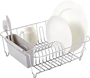 Sweet Home Collection Metal 2 Piece Dish Drying Rack Set Drainer with Utensil Holder Simple Easy to Use Fits in Most Sinks, 14.5" x 13" x 5.25", White