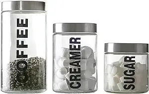 KMwares Glass Food Jars, Clear Storage Containers with Stainless Steel Lid, Airtight Glass Canisters Set for Coffee, Creamer and Sugar Set of 3 W