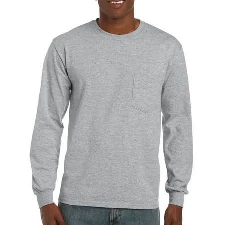 Gildan Mens Gray Long Sleeve Pocket T-Shirt Size:XL