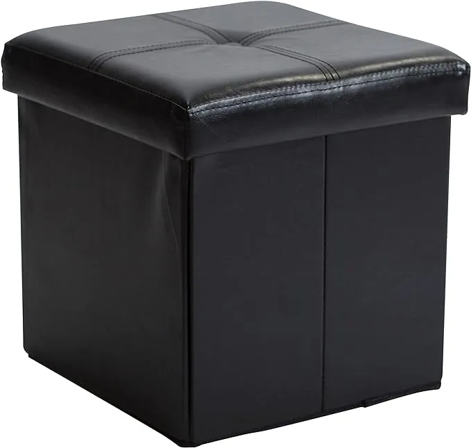 Faux Leather Folding Storage Ottoman Cube in Black