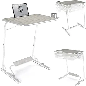 FoldWise Folding Laptop Table for Sofa - Wooden Portable Computer Desk & Overbed Table, All-in-One: Adjustable Height, Tilt Angle, Flat-Folding, Footrest, Cupholder, Tablet Holder & Edge Stopper