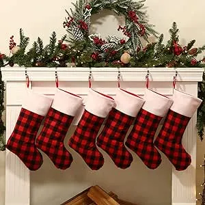 LimBridge Christmas Stockings, 6 Pack 18 inches Buffalo Plaid with Plush Cuff, Classic Stocking Decorations for Whole Family, Red and Black