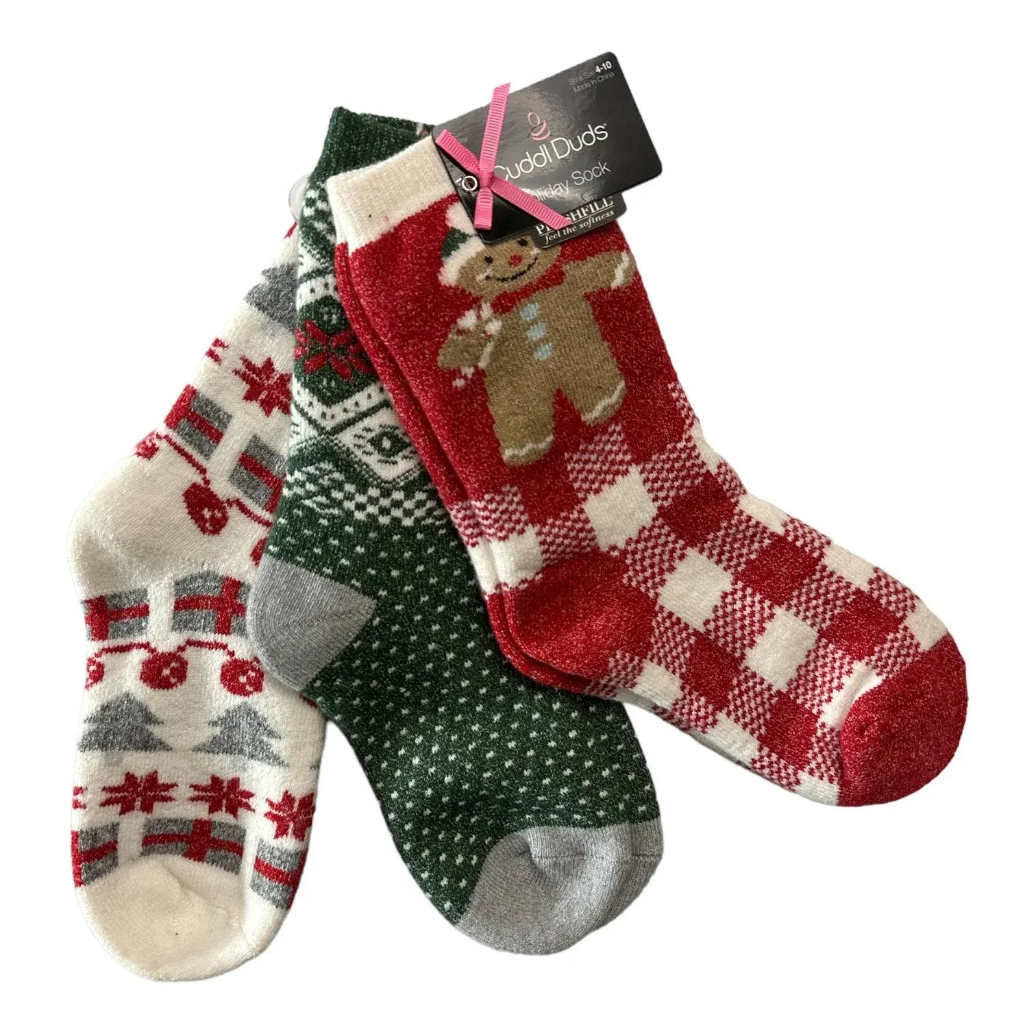 Cuddl Duds Women's Plushfill Crew Super Soft Holiday Sock, 3-Pack (Gingerbread)