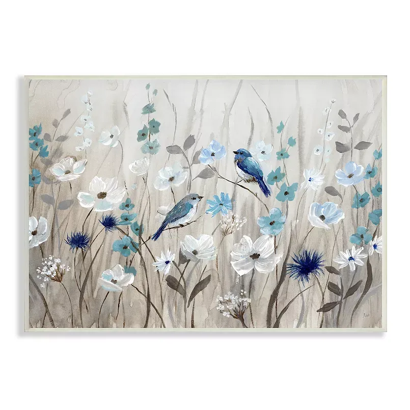 Birds Floral Meadow Blue White Blossoms , 20 x 16, Design by Nan