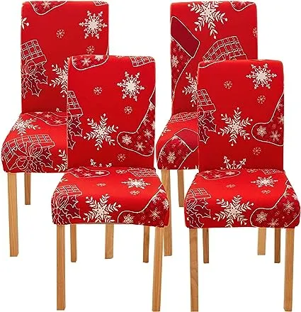 Ogrmar 4PCS Stretch Removable Washable Dining Room Chair Protector Slipcovers Christmas Decoration/Home Decor Dining Room Seat Cover (Christmas-A) (Vermilion)Ogrmar 4PCS Stretch Removable Washable Dining…