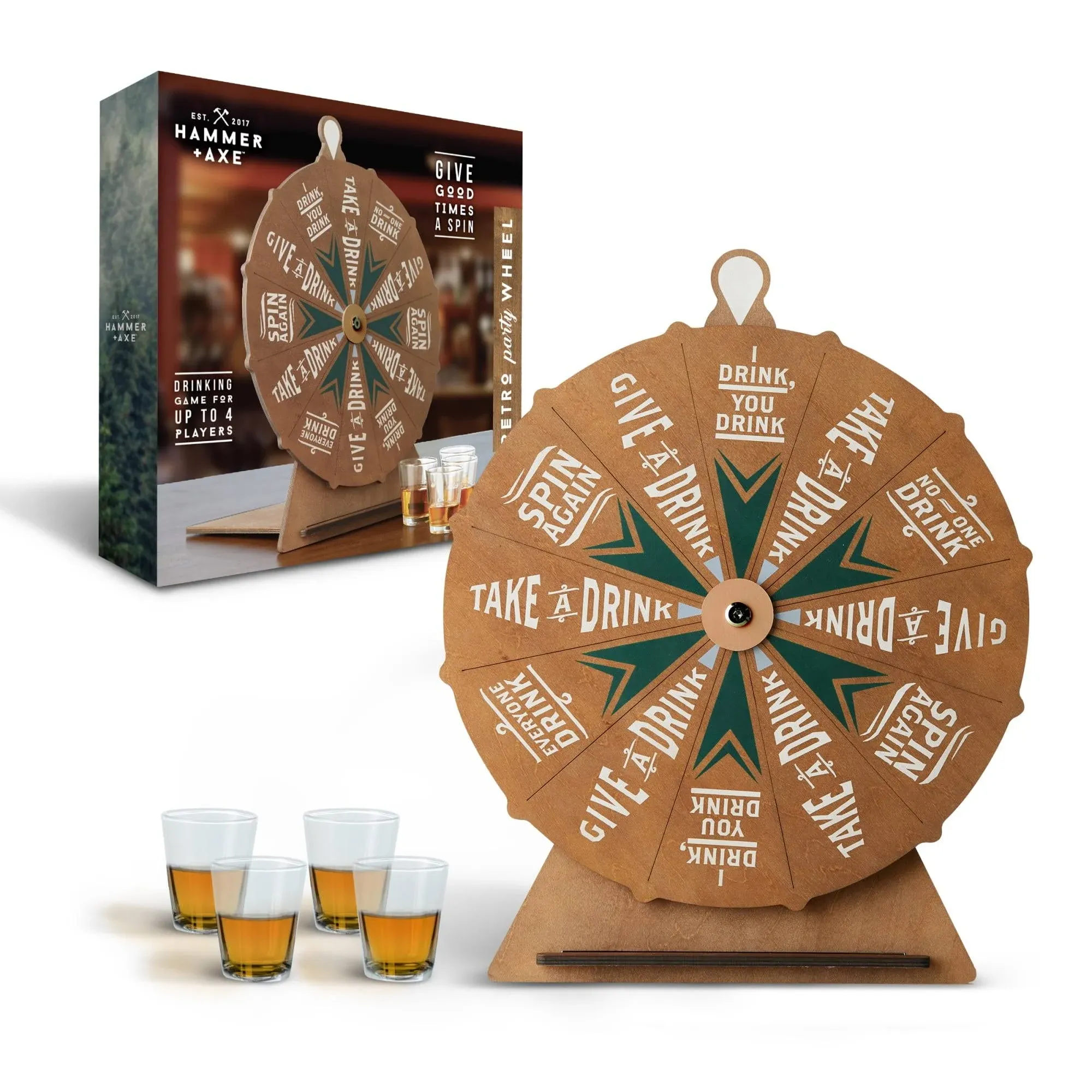 Hammer & Axe Vintage Drinking Wheel Game with 4 Shot Glasses