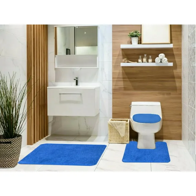 Tobin 3 Piece Bathroom Rug Set Bath Mat Contour Rug Toilet Seat Lid Cover Non-Slip Rubber Back Floor Mats Water Absorbent Low Pile- Ocean