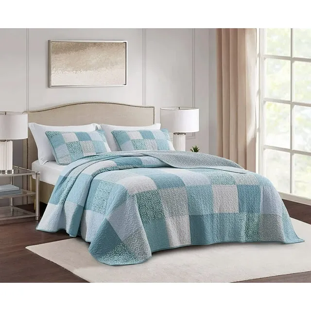 Chezmoi Collection Bellamy 3-Piece Boho Chic Patchwork Quilt Set - Green Gray White Plaid Candy Stripe Reversible Bedspread - Pre-Washed Cotton Lightweight Coverlet, King Size