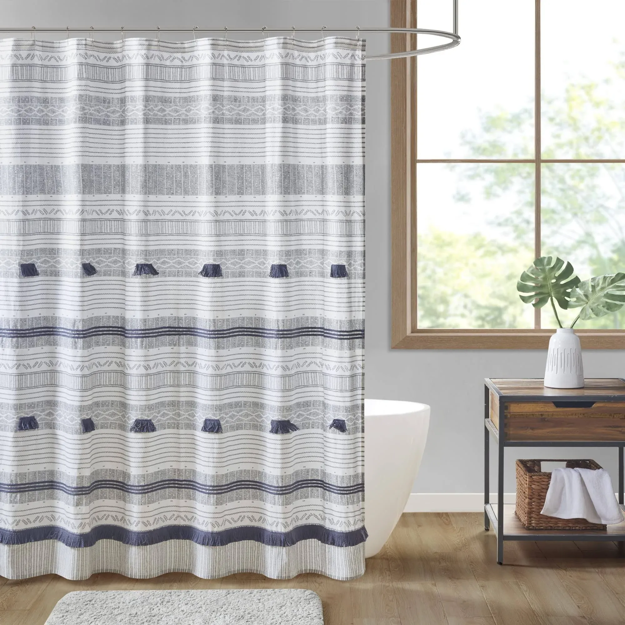 INK+IVY Cody 100% Cotton Shower Curtain, Boho Chic Printed Striped with Tassel Pompom, Fringes Trim, Modern Bathroom Décor, Machine Washable 72" x 72" Grey/Navy