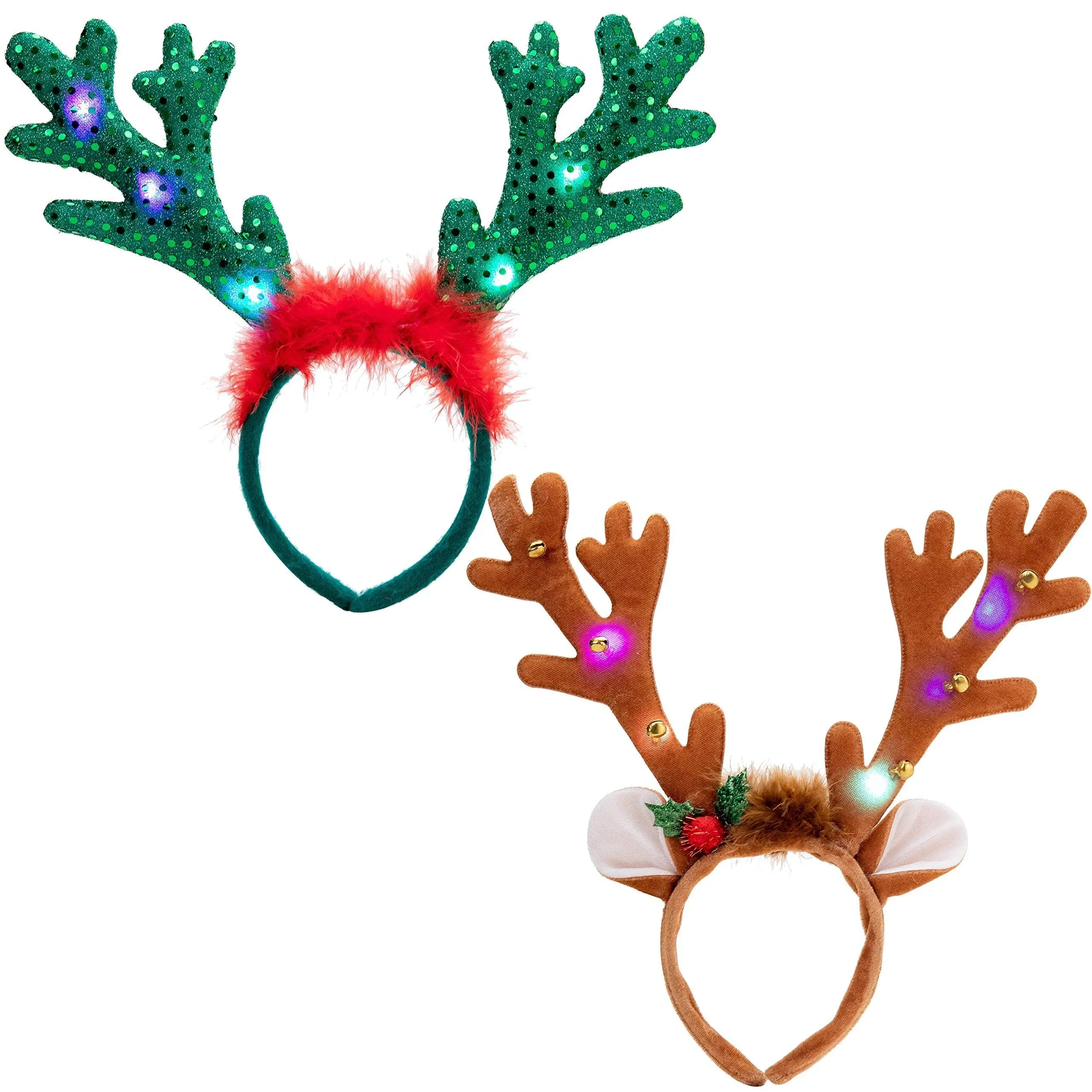 JOYIN 2 Pcs Christmas Light-Up Reindeer Headband, Reindeer Headbands with LED, Christmas Headbands for Christmas Supplies and Holiday Parties Favors (ONE SIZE FITS ALL)