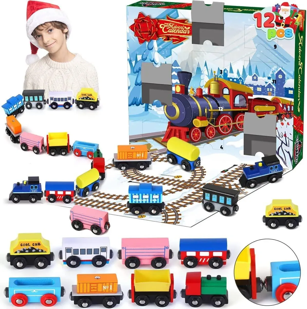 2023 Christmas Advent Calendar 12 Days Countdown Wooden Train Cars Xmas Gift