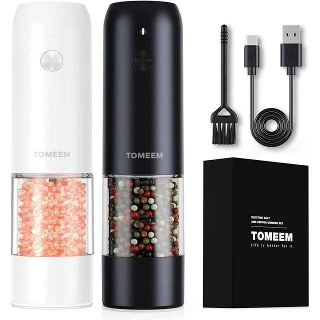 Tomeem Electric Salt and Pepper Grinder Rechargeable Automatic Mill Shaker with LED Light Adjustable USB Rechargeable