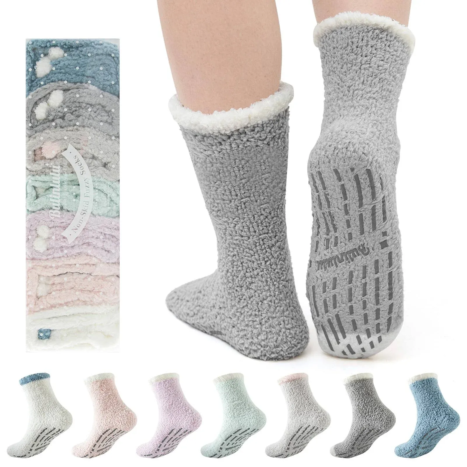 Bulinlulu Fuzzy Socks With Grips for Women 5-Pairs Non Slip Sleep Warm Fluffy Slipper Socks with Grippers for women