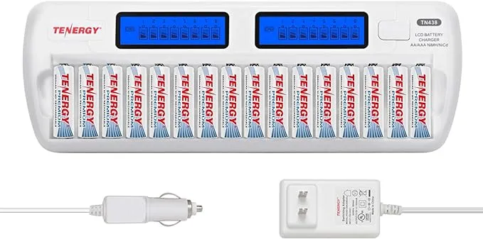 Tenergy TN438 16-Bay AA/AAA NiMH/NiCd LCD Smart Battery Charger + 16pcs Tenergy Premium AA Rechargeable Batteries