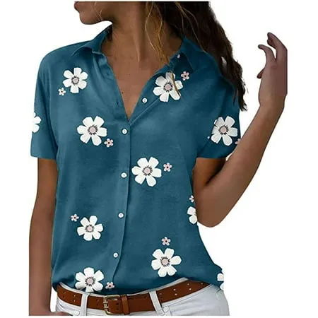 Cyber&Monday Deals USSUMA Womens Tops Casual Button Down Shirt Women Short Sleeve Tunic Tops V-Neck Tee Tops Lapel Floral Print Blouses Summer Casual Tops Female Tops