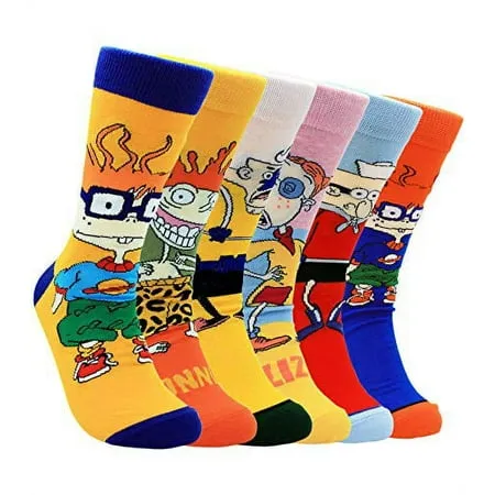 Mens Funny Dress Socks 6 Pairs Colorful Eliza Donnie Chuckie Crazy Design Animated Cartoon Socks Casual Novelty Crew Socks 10-13