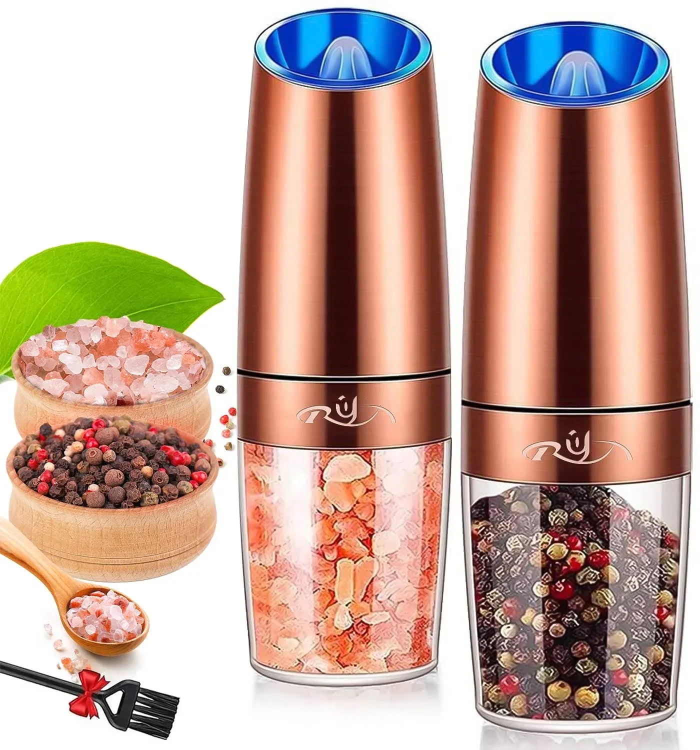 Gravity Salt And Pepper Grinder Set Ceramic Rotor Stainless Steelblue Led Lightb