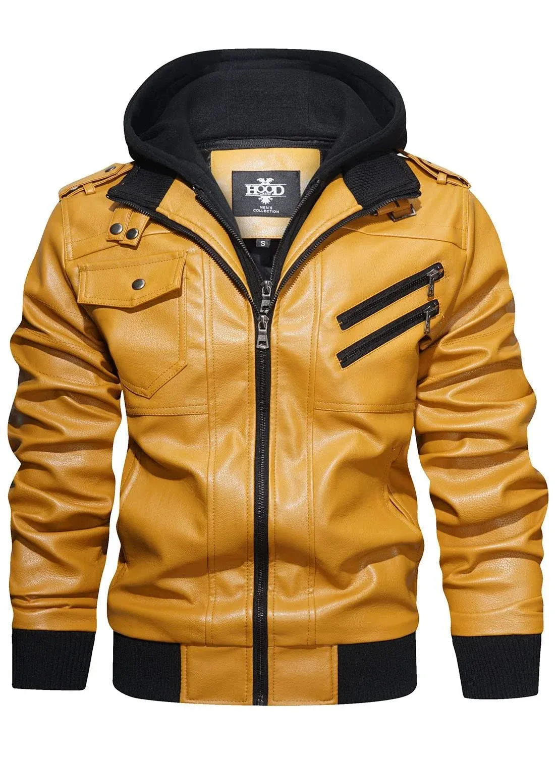 HOOD CREW Men’s Casual Stand Collar PU Faux Leather Zip-Up Motorcycle Bomber Jacket With a Removable Hood