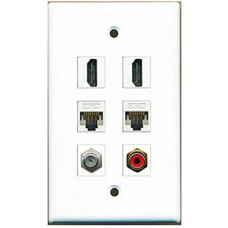 RiteAV - 2 HDMI 1 Port RCA Red 1 Port Coax Cable TV- F-Type 2 Port Cat5e Ethernet White Wall Plate