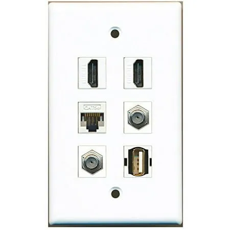 RiteAV - 2 HDMI 2 Port Coax Cable TV- F-Type 1 Port USB A-A 1 Port Cat5e Ethernet White Wall Plate