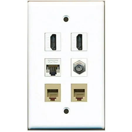 RiteAV - 2 HDMI 1 Port Coax Cable TV- F-Type 2 Port Phone RJ11 RJ12 Beige 1 Port Cat5e Ethernet White Wall Plate