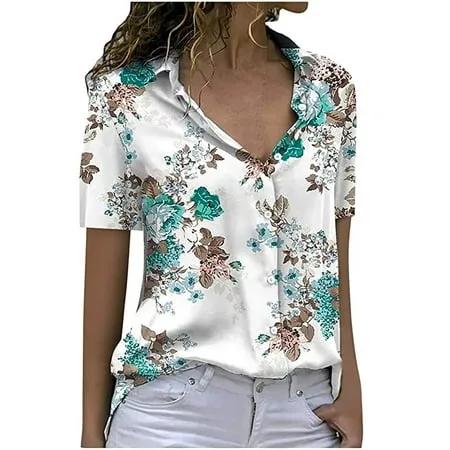 Cyber&Monday Deals USSUMA Boho Tops For Women Button Down Shirt Women Short Sleeve Tunic Tops V-Neck Tee Tops Lapel Floral Print Blouses Summer Casual Tops Female Tops