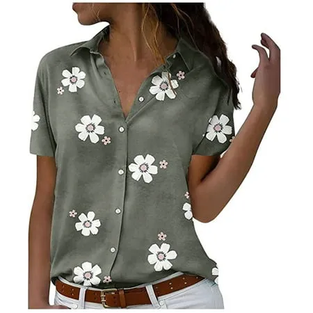 Cyber&Monday Deals USSUMA Womens Tops Casual Button Down Shirt Women Short Sleeve Tunic Tops V-Neck Tee Tops Lapel Floral Print Blouses Summer Casual Tops Female Tops