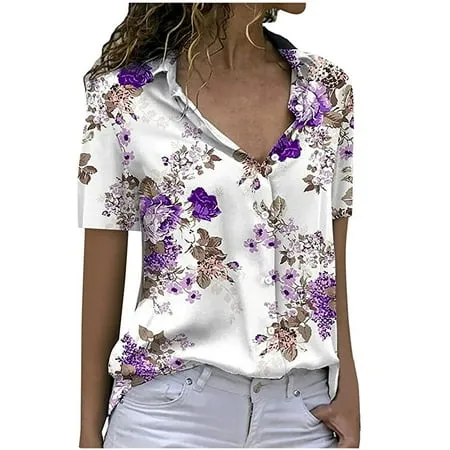 Ussuma Boho Tops for Women Button Down Shirt Women Short Sleeve Tunic Tops V-Neck Tee Tops Lapel Floral Print Blouses Summer Casual Tops Female Tops,