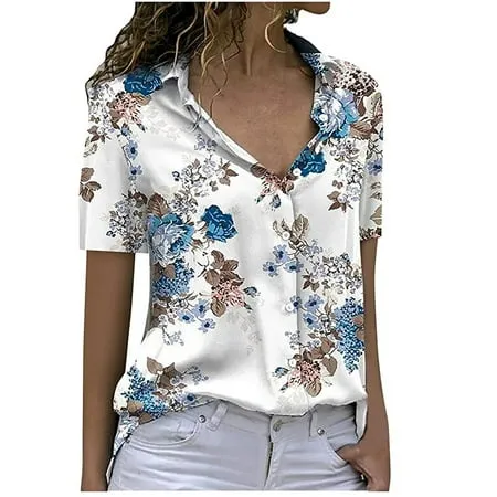 Cyber&Monday Deals USSUMA Boho Tops For Women Button Down Shirt Women Short Sleeve Tunic Tops V-Neck Tee Tops Lapel Floral Print Blouses Summer Casual Tops Female Tops