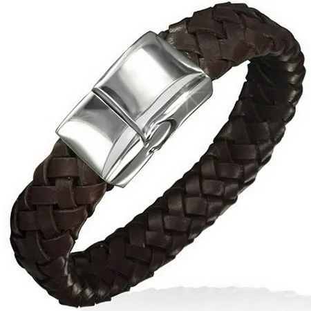 Brown Genuine Leather Braided Silver-Tone Stainless Steel Wristband Mens Bracelet with Clasp