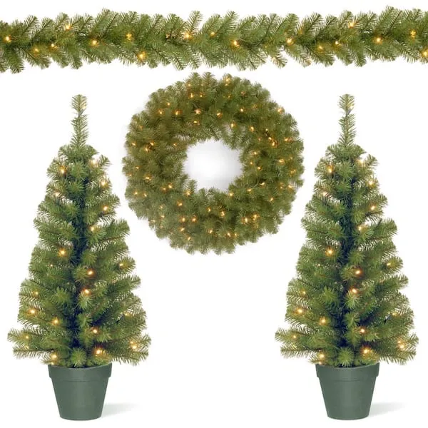 National Tree Company Promotional Assortment with 2 - 3 ft. Pre-Lit Entrance Trees, 9 ft. Pre-Lit Garland and 24 in. Pre-Lit Wreath PRO7-ASST-11