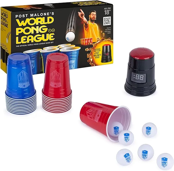 Spin Master Games Post Malone, World Pong League Beer Pong Drinking Game for Bachelor Party Outdoor Games with Plastic Cups Ping Pong Balls, for Adults Ages 18 and up