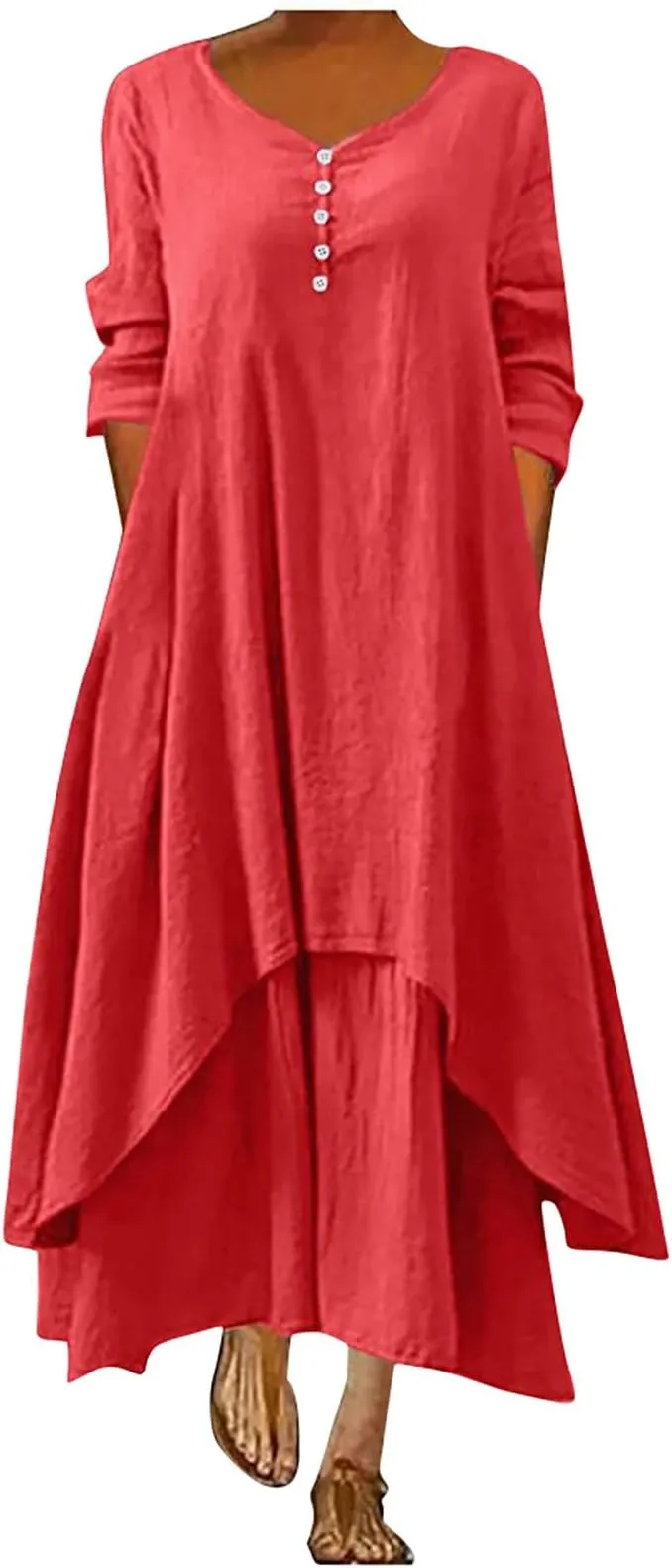 Women's Maxi Dress Solid Cotton Linen Plus Size Long Dresses Casaul Loose Dresses with Pockets