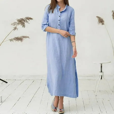 Follure Shirt Dresses For Women Crew Neck Kaftan Cotton Long Sleeve Plain Casaul Oversized Maxi Long Shirt Dress