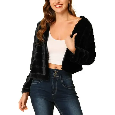 Allegra K Women's Winter Warm Cropped Jacket Collarless Faux Fur Fluffy Coat