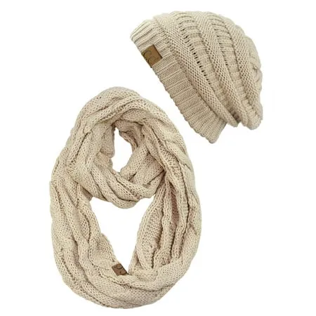 C.C Unisex Soft Stretch Chunky Cable Knit Beanie and Infinity Loop Scarf Set Dark Beige