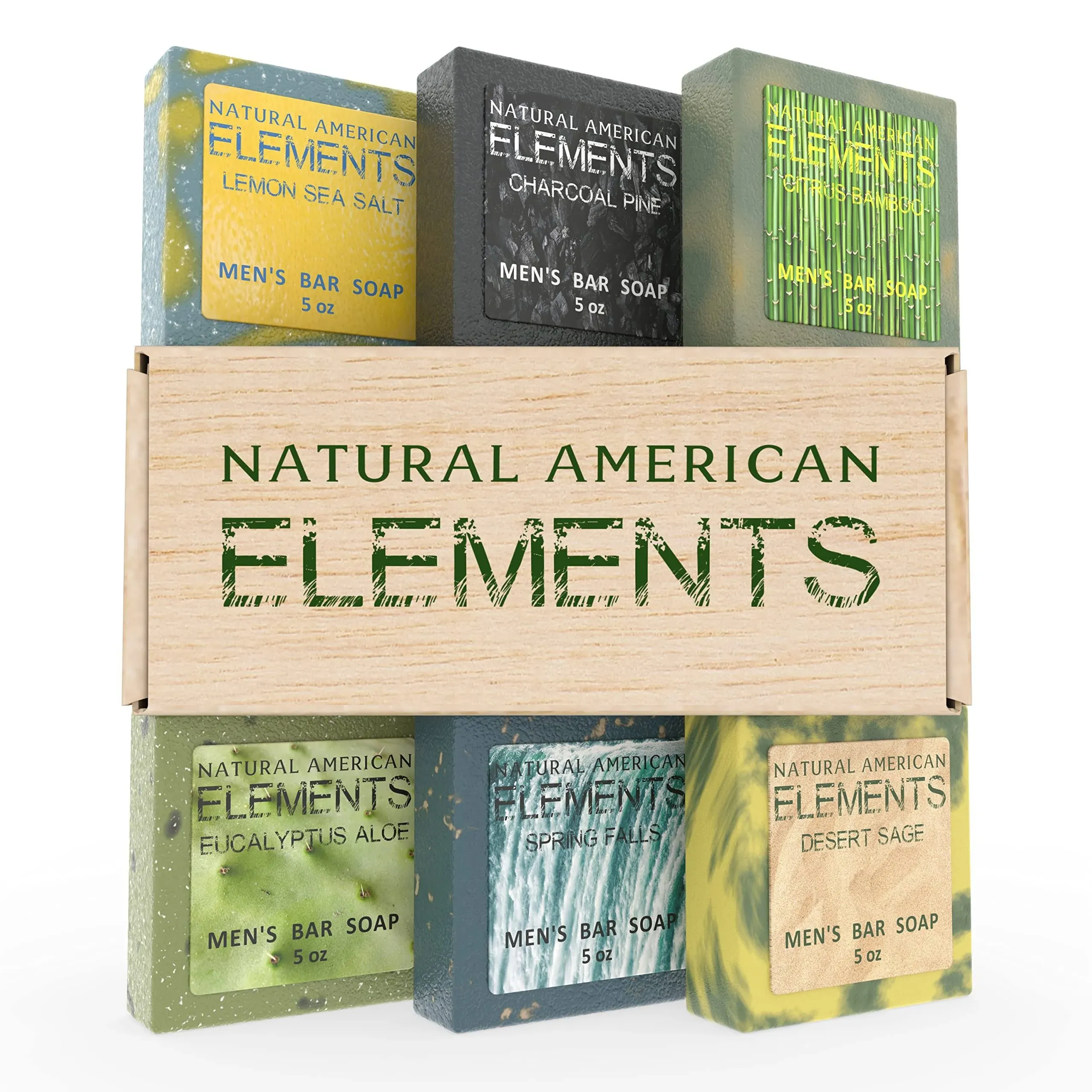 NATURAL AMERICAN ELEMENTS Men’s Bar Soap – 100% All Natural, Nature Scents, Essential Oils, Organic Shea Butter, No Harmful Chemicals – (6pk) Natural Soap Bars for Men - Made in USA - Man Soap, 5 oz