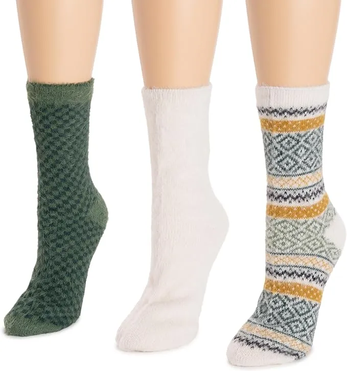 Women's Muk Luks Fuzzy 3 Pack Crew Socks One Size Green/Ivory Multi