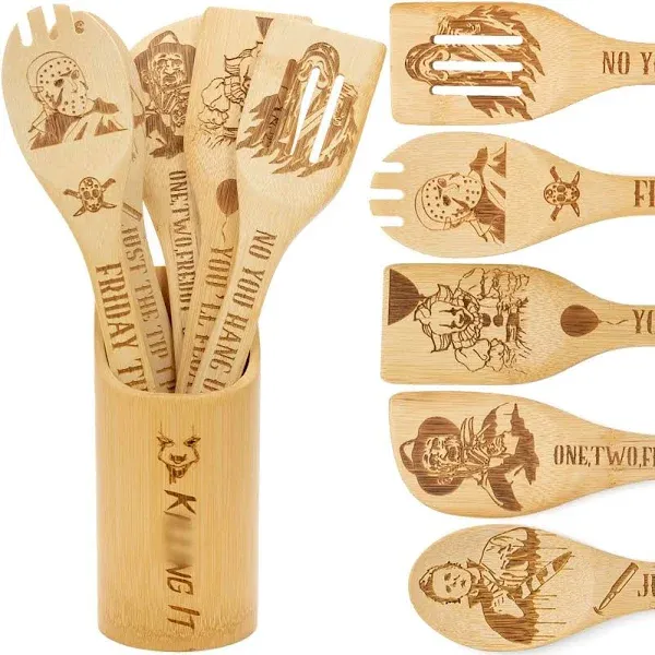 6Pcs Horror Movie Character Cooking Gift Set Wooden Spoons Utensils with Holder